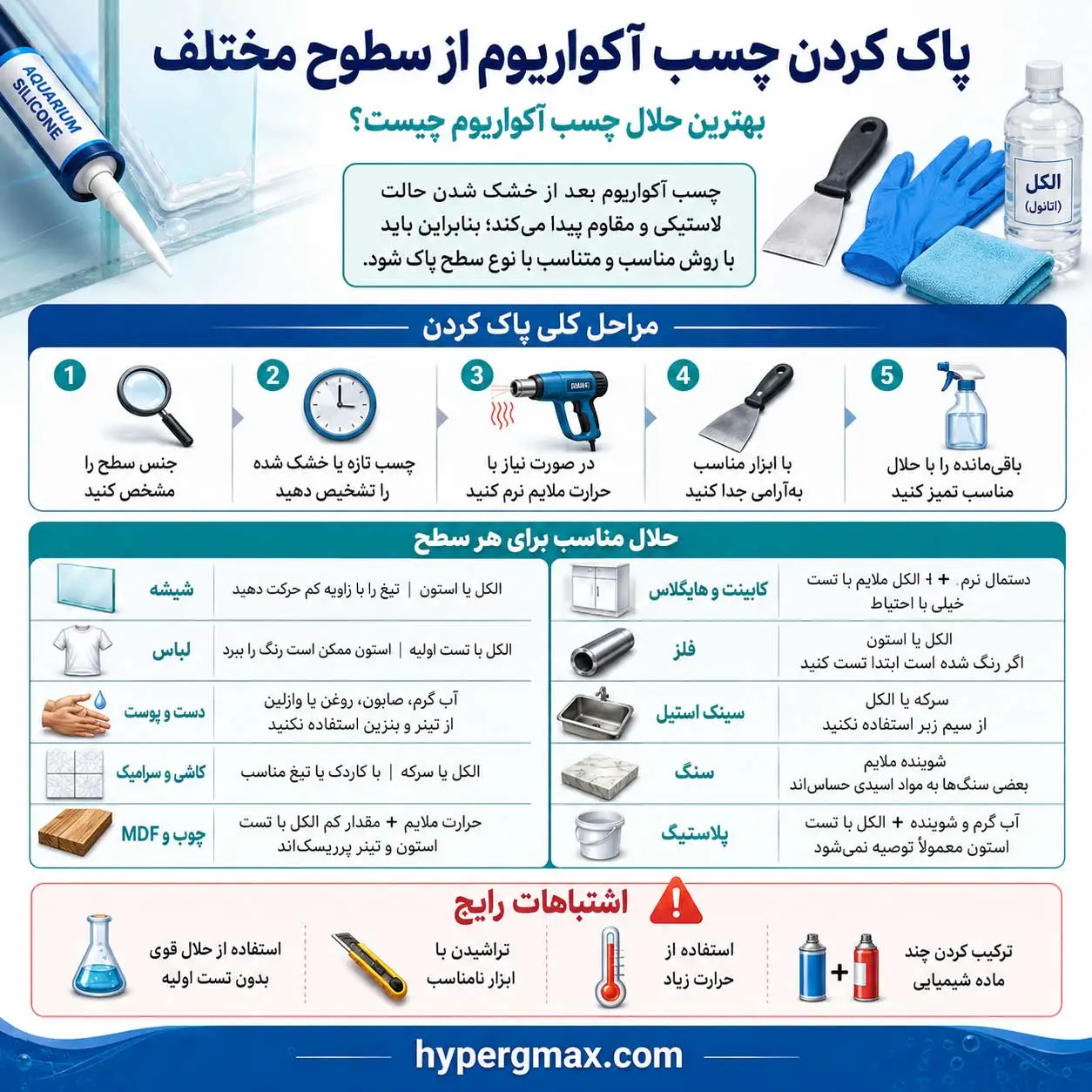 پاک کردن چسب آکواریوم از سطوح مختلف