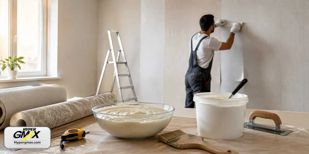 انواع چسب کاغذ دیواری پودری و آماده در کنار ابزار نصب