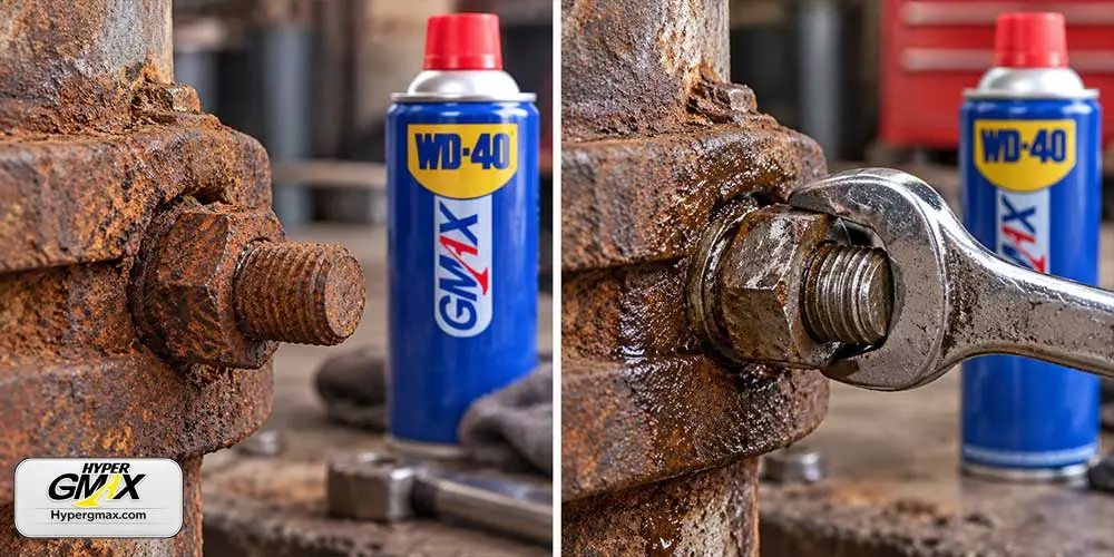 اسپری WD-40 جی مکس در حال روانکاری پیچ و مهره زنگ زده در کارگاه