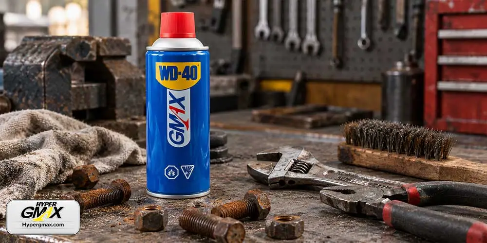قوطی WD-40 جی مکس کنار ابزار و پیچ و مهره زنگ زده روی میز کار