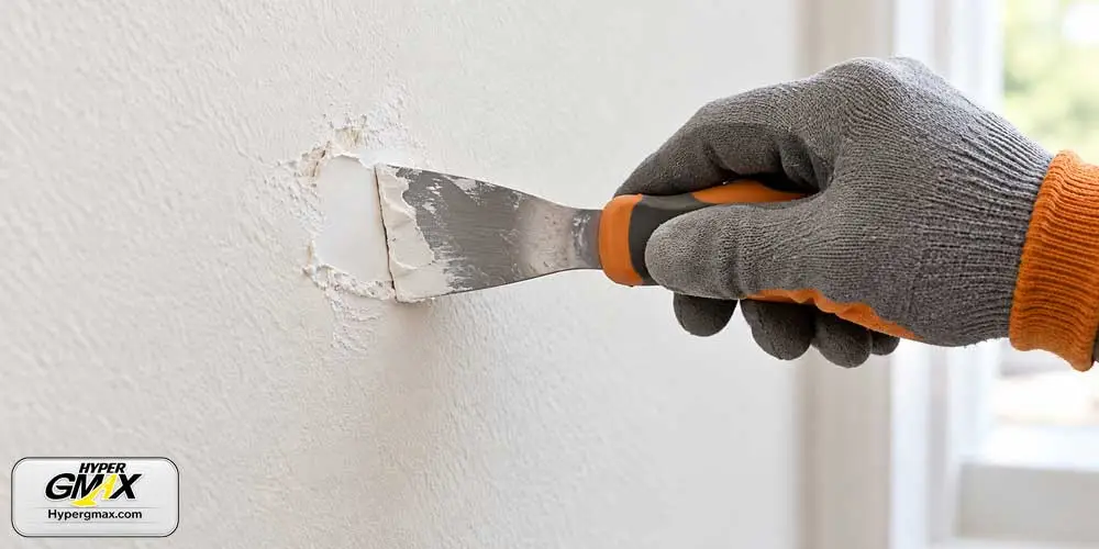 پخش لایه نازک بتونه با کاردک روی عیب کوچک دیوار